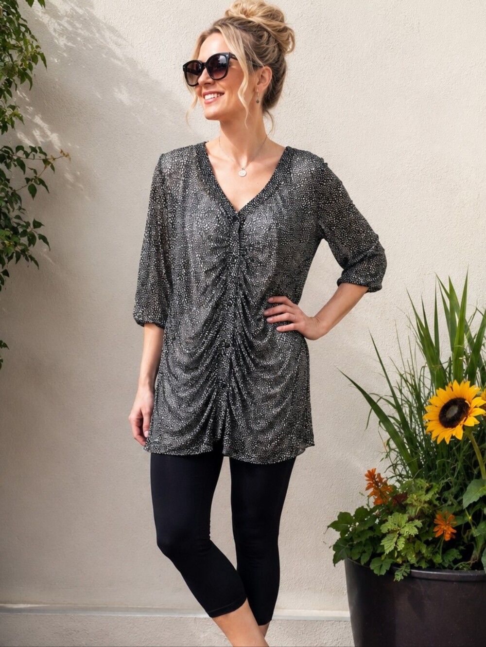 CAbi Sheer Gathered Button Front Pebble Print Tunic Top Large